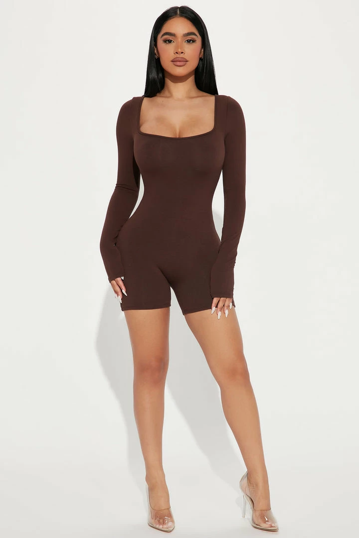 Fashion Nova Darian Double Lined Romper - Chocolate Rompers