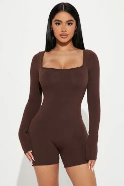 Fashion Nova Darian Double Lined Romper - Chocolate Rompers