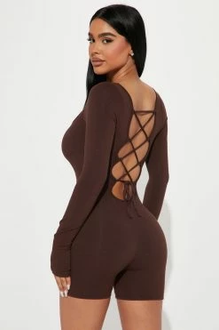 Fashion Nova Darian Double Lined Romper - Chocolate Rompers