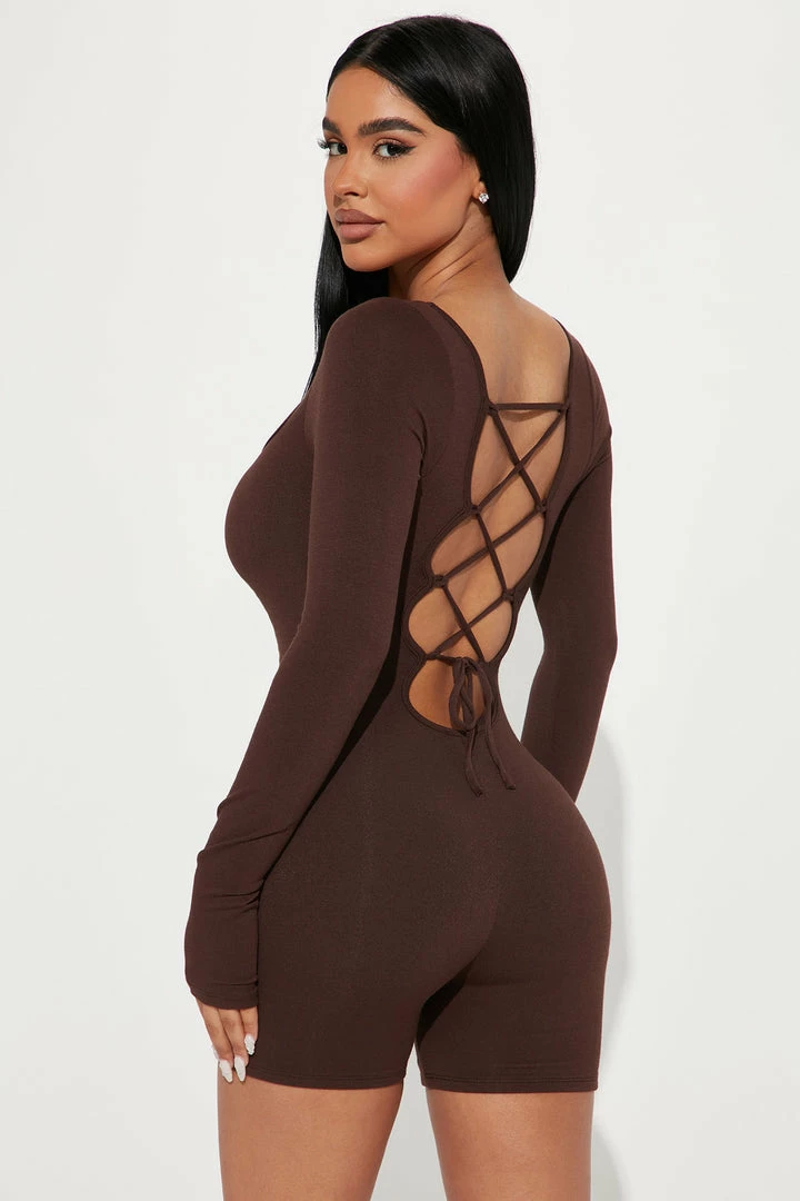 Fashion Nova Darian Double Lined Romper - Chocolate Rompers