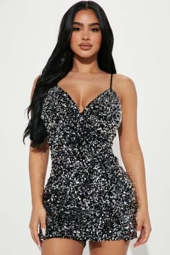 Fashion Nova Sadie Sequin Romper - Black/Silver Rompers