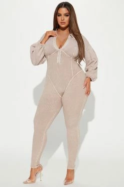 Fashion Nova Ready Or Ribbed Jumpsuit - Taupe Jumpsuits