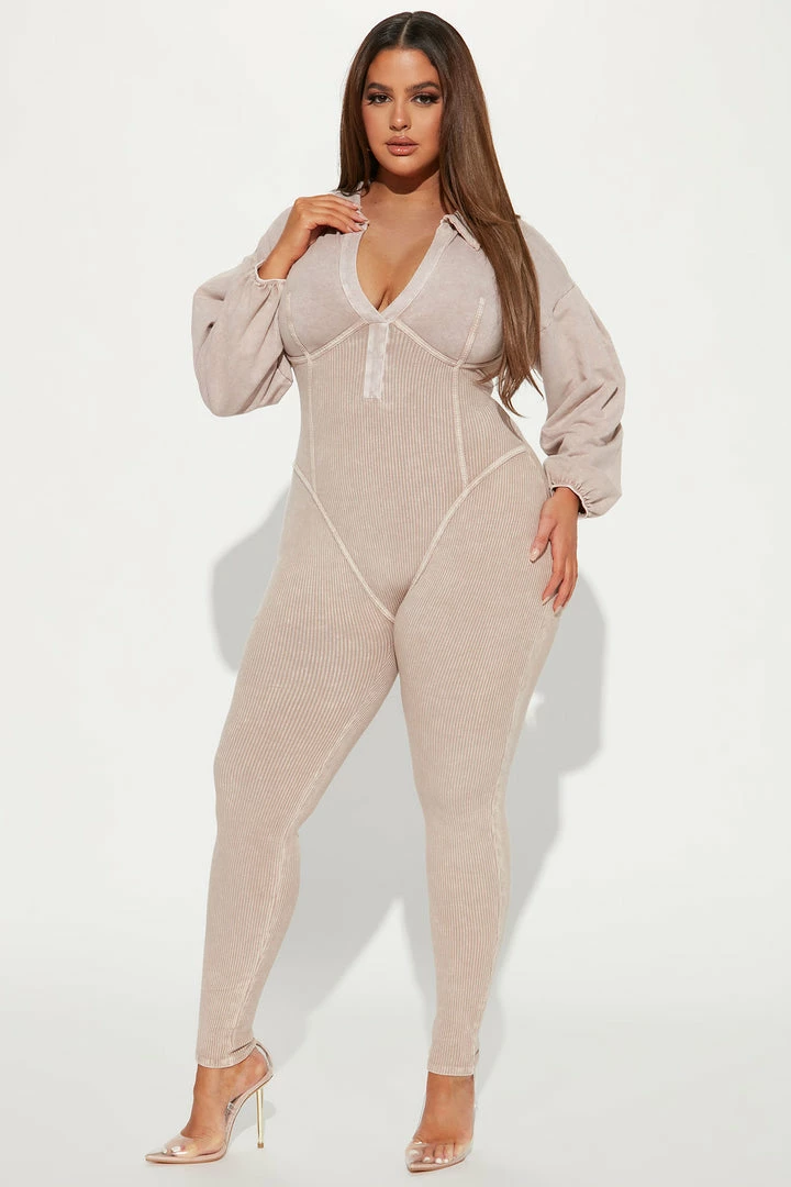 Fashion Nova Ready Or Ribbed Jumpsuit - Taupe Jumpsuits