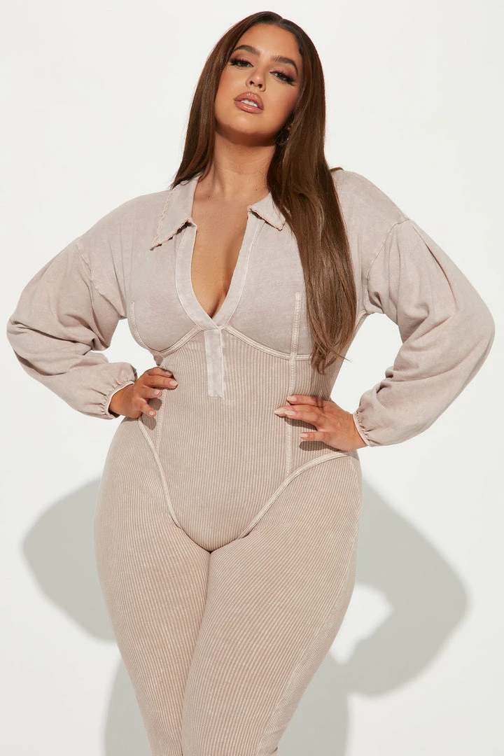 Fashion Nova Ready Or Ribbed Jumpsuit - Taupe Jumpsuits