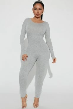 Fashion Nova Jumpsuits Bailey Backless Romper - Heather Grey