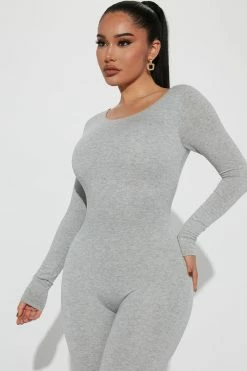Fashion Nova Jumpsuits Bailey Backless Romper - Heather Grey
