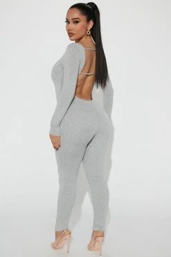Fashion Nova Jumpsuits Bailey Backless Romper - Heather Grey