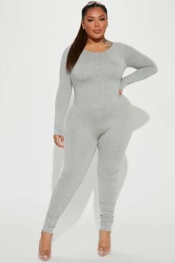 Fashion Nova Jumpsuits Bailey Backless Romper - Heather Grey