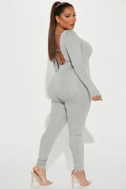 Fashion Nova Jumpsuits Bailey Backless Romper - Heather Grey