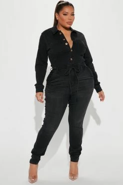 Fashion Nova Vibe Check Denim Jumpsuit - Black