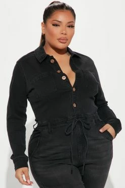 Fashion Nova Vibe Check Denim Jumpsuit - Black
