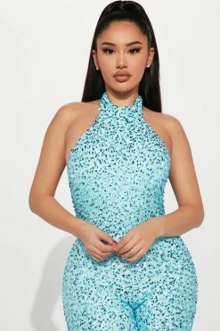 Fashion Nova For The Night Sequin Jumpsuit - Aqua Jumpsuits