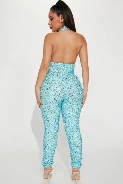 Fashion Nova For The Night Sequin Jumpsuit - Aqua Jumpsuits