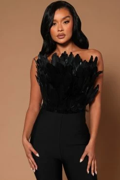 Fashion Nova Marianna Feather Bandage Jumpsuit - Black Jumpsuits
