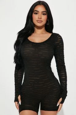 Fashion Nova Taylor Textured Romper - Black Rompers