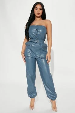 Fashion Nova Brooklyn PU Leather Jumpsuit - Slate Blue Jumpsuits