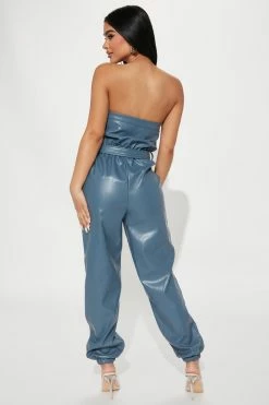 Fashion Nova Brooklyn PU Leather Jumpsuit - Slate Blue Jumpsuits