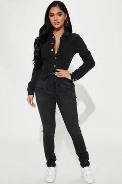Fashion Nova Vibe Check Denim Jumpsuit - Black
