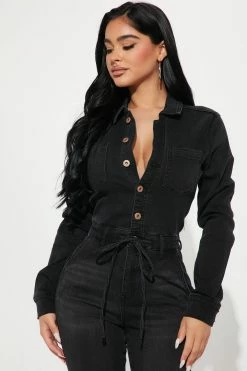 Fashion Nova Vibe Check Denim Jumpsuit - Black