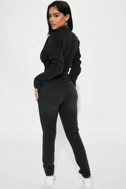 Fashion Nova Vibe Check Denim Jumpsuit - Black