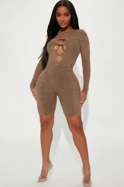 Fashion Nova Raya Ribbed Romper - Brown Rompers