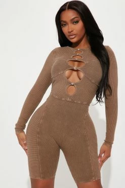 Fashion Nova Raya Ribbed Romper - Brown Rompers