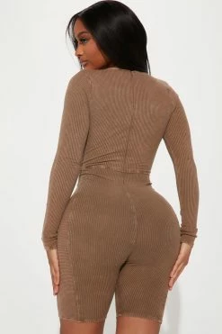 Fashion Nova Raya Ribbed Romper - Brown Rompers