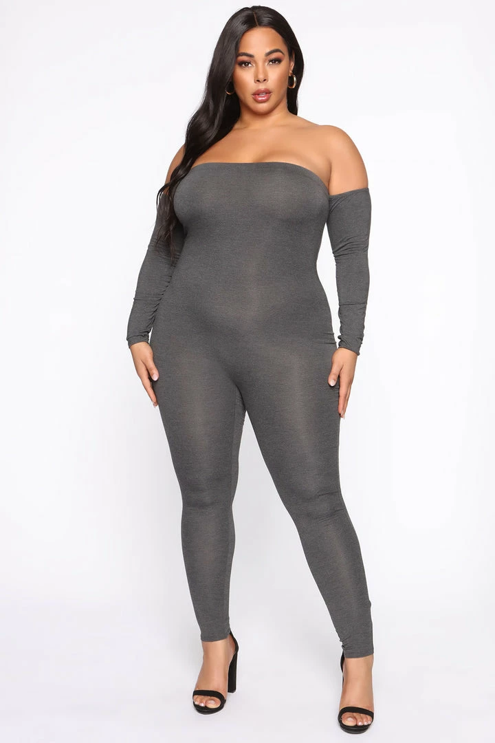 Fashion Nova Soothe Off Shoulder Jumpsuit - Charcoal