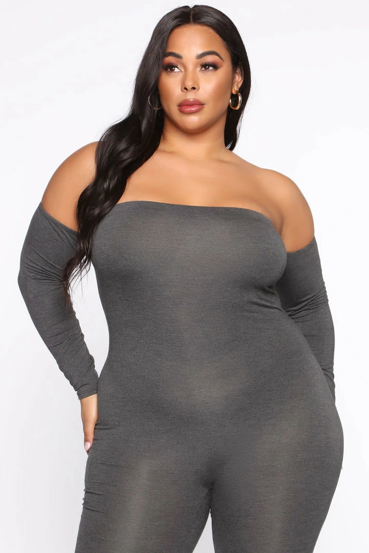 Fashion Nova Soothe Off Shoulder Jumpsuit - Charcoal