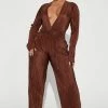 Fashion Nova Kira Plisse Jumpsuit - Mocha