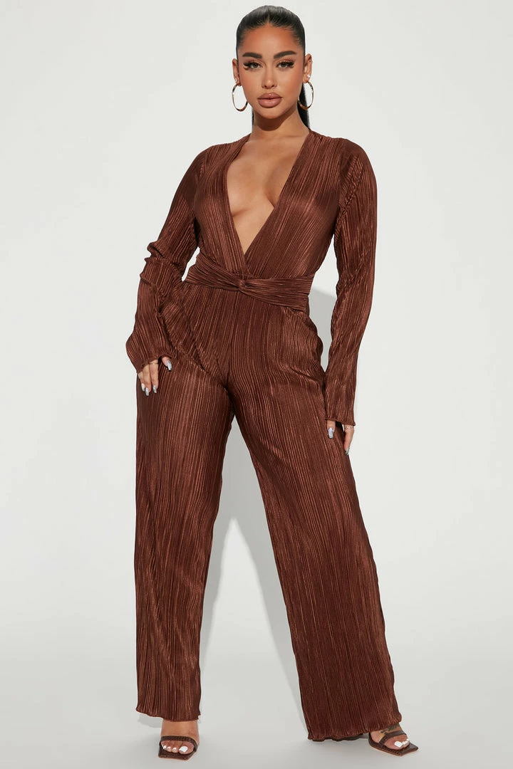 Fashion Nova Kira Plisse Jumpsuit - Mocha