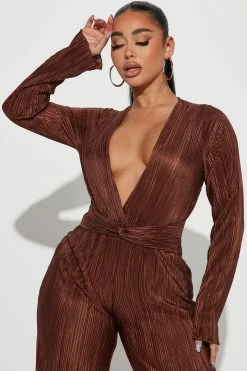 Fashion Nova Kira Plisse Jumpsuit - Mocha