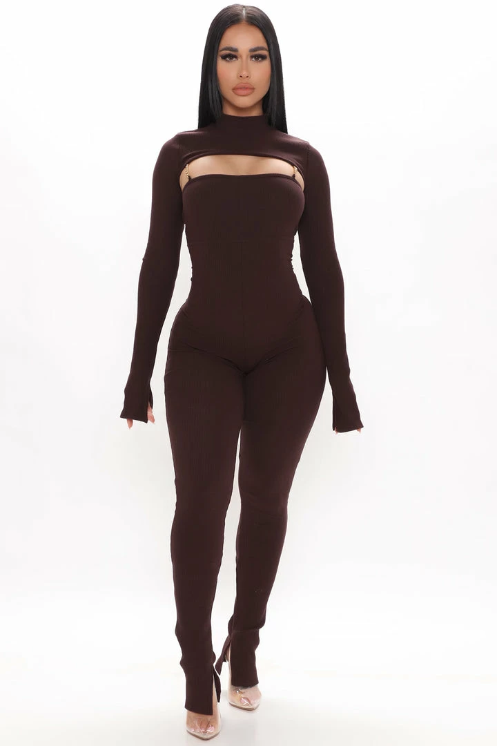 Fashion Nova Just For Fun Ribbed Jumpsuit Set - Chocolate Jumpsuits