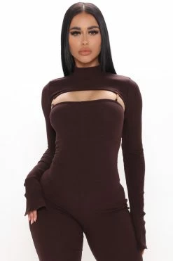 Fashion Nova Just For Fun Ribbed Jumpsuit Set - Chocolate Jumpsuits