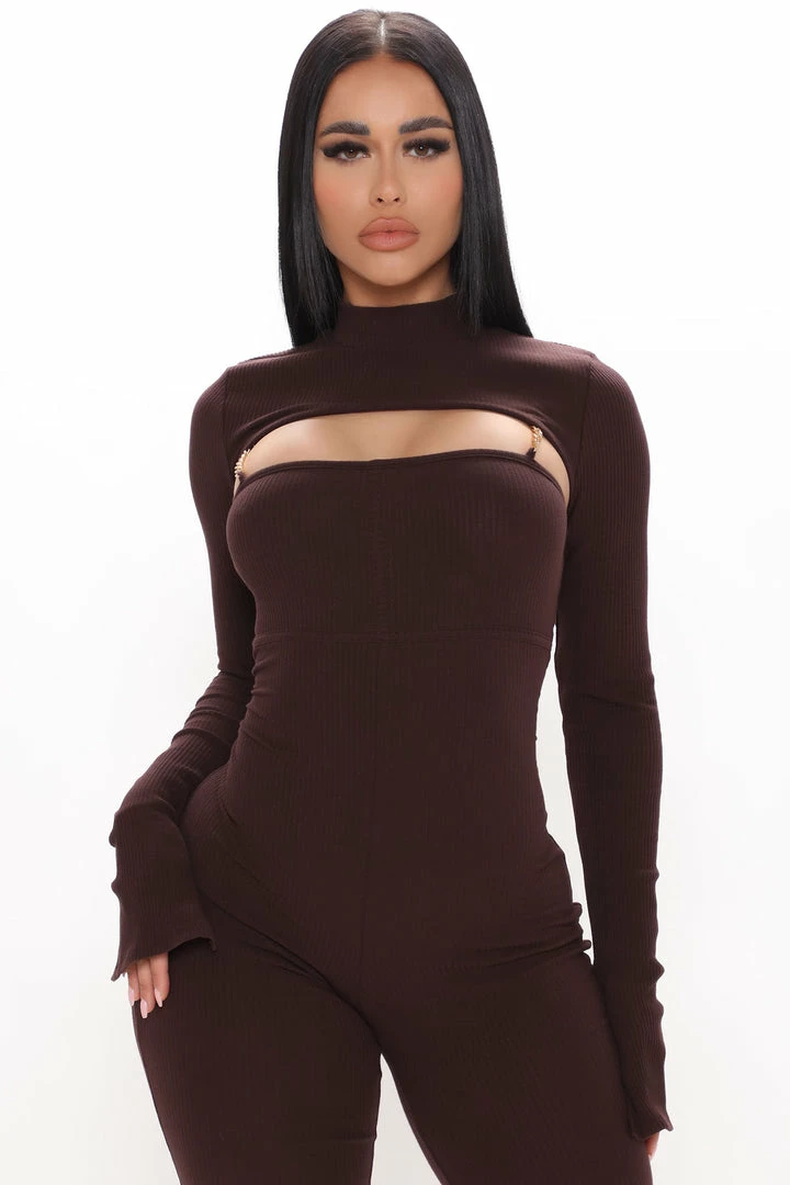Fashion Nova Just For Fun Ribbed Jumpsuit Set - Chocolate Jumpsuits