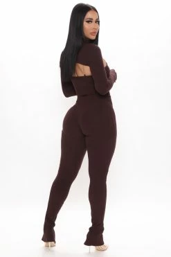 Fashion Nova Just For Fun Ribbed Jumpsuit Set - Chocolate Jumpsuits