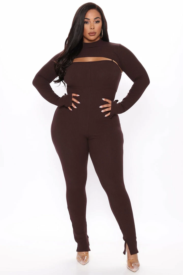 Fashion Nova Just For Fun Ribbed Jumpsuit Set - Chocolate Jumpsuits