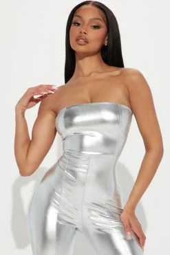 Fashion Nova Jumpsuits She's All That Strapless Jumpsuit - Silver