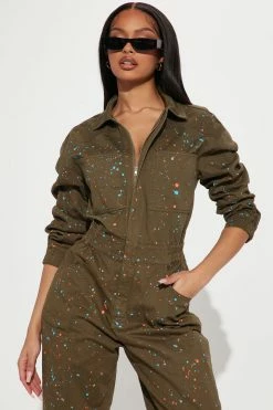 Fashion Nova Jumpsuits Paint Me All Over Jumpsuit - Olive