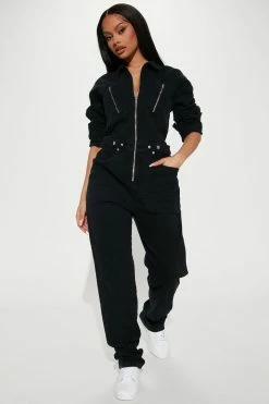 Fashion Nova Edgy And Chic Denim Jumpsuit - Black