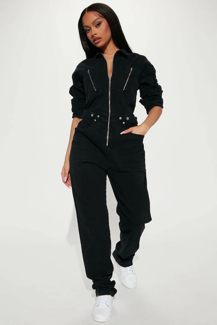 Fashion Nova Edgy And Chic Denim Jumpsuit - Black