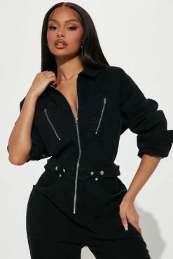 Fashion Nova Edgy And Chic Denim Jumpsuit - Black