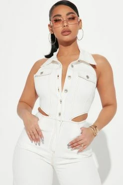 Fashion Nova Heidi Denim Jumpsuit - Off White Jumpsuits