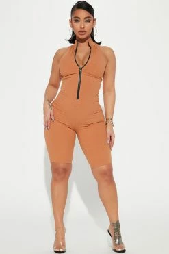 Fashion Nova Stay Sexy Sculpted Romper - Cognac