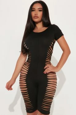 Fashion Nova Slashing Hearts Romper - Black