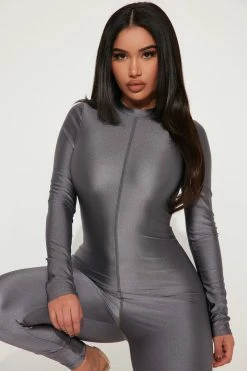 Fashion Nova Jumpsuits Forever A Hottie Long Sleeve Jumpsuit - Charcoal