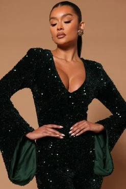 Fashion Nova Reina Sequin Jumpsuit - Emerald Jumpsuits