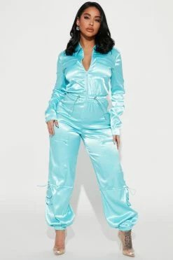 Fashion Nova Jumpsuits Model Walk Cargo Jumpsuit - Aqua