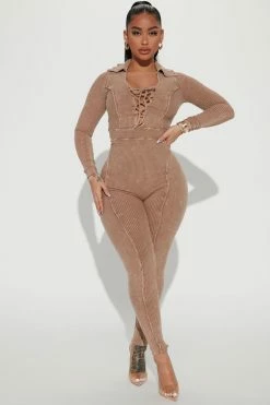 Fashion Nova Robin Mineral Wash Jumpsuit - Mocha Jumpsuits