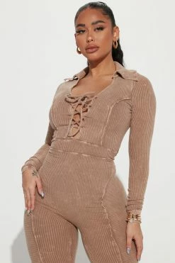 Fashion Nova Robin Mineral Wash Jumpsuit - Mocha Jumpsuits